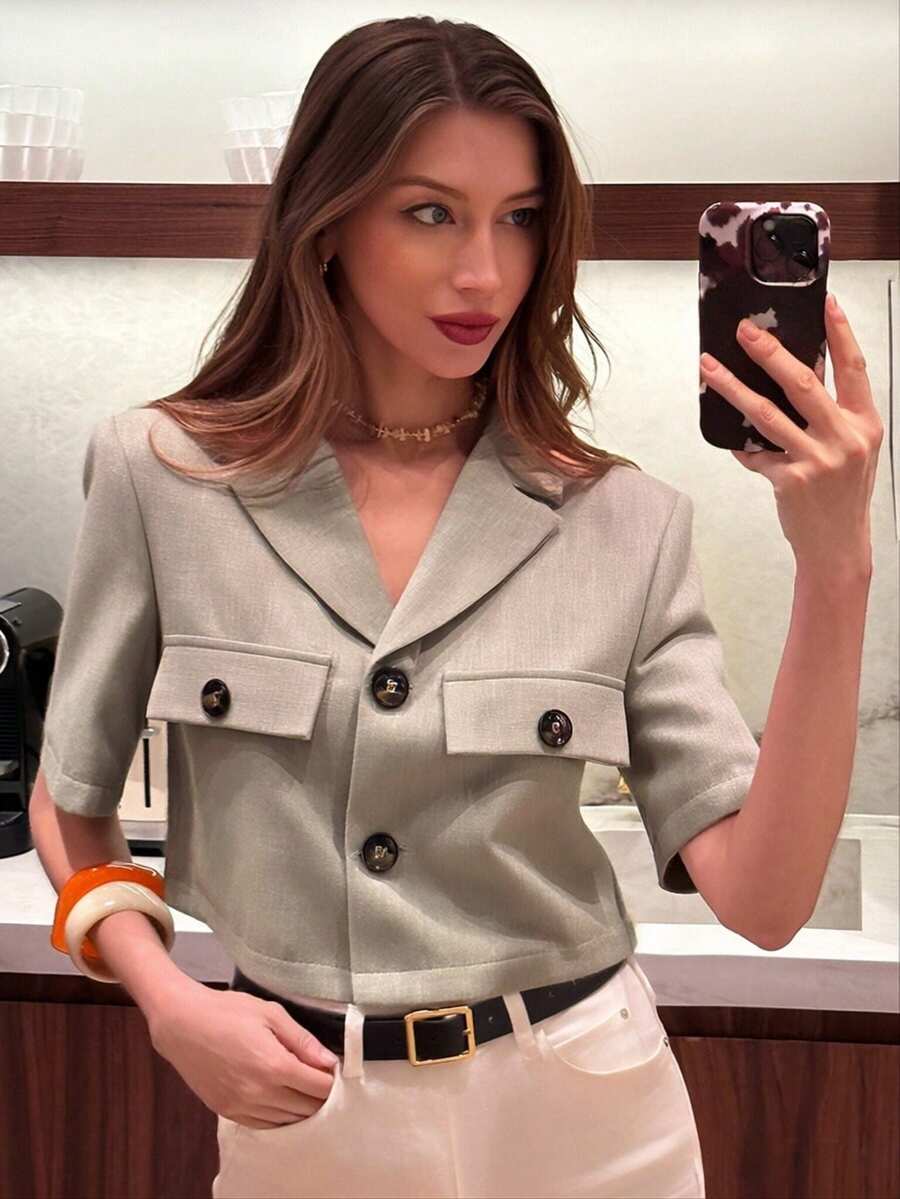 Chiquease Damen Modisches elegantes und einfaches tägliches Arbeitskleidung Shirt für den Sommer - Khaki - Übersicht 1