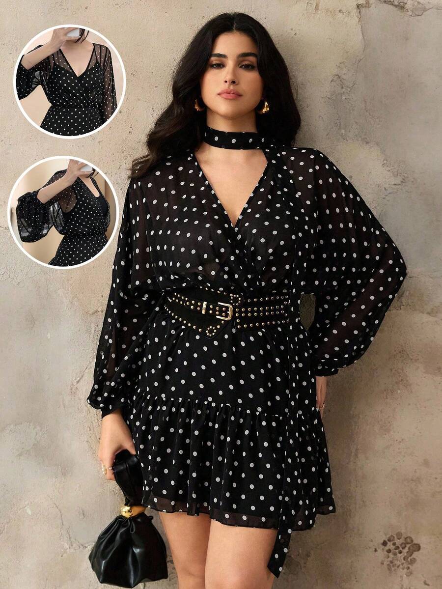 Roveilla 大码黑色波点V领系腰连衣裙，秋冬 - 黑色 - 查看 1
