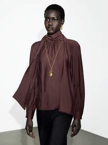 Lumivelle Women's Autumn Loose Fit Tie Collar Blouse - Maroon - View 3