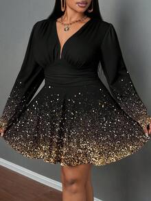 Slaydiva Elegant Gold Gradient Sequin Plus Size Dress, Suitable For New Year Party/Christmas Dress - Multicolor - View 6