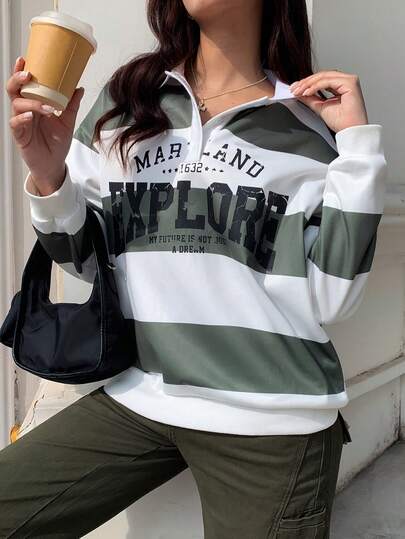 INAWLY Solva Women's Casual Striped Letter Print Drop Shoulder Sweatshirt, Autumn/Winter  Collared Striped Sport Jersey Sweatshirt Back To School Autumn Winter Cosy Fall Christmas Cute Everyday Capsule Wardrobe Y2K Streetwear Office Workwear Business Casual Christmas Polo Shirts For Women Striped Long Sleeve Stripe Shirt Women Jersey Shirt Football Shirt Women