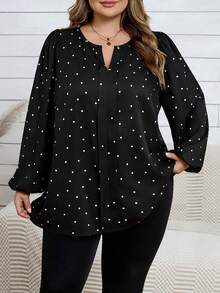 SHEIN CURVE+ Áo sơ mi thường ngày cổ chữ V tay dài in hoa cỡ lớn - màu đen - Xem 5