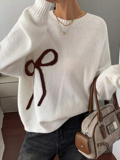 DAZY Cream-White Bow Knitted Sweater For Women, Loose Vintage Style, Autumn/Winter