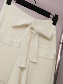 Franclia Women's Simple Casual Commuting Elegant Knitted Solid Color Sweater Two-Piece Set With Lapel, Straight Shoulders, Long Sleeves, Button-Down, Wood Resin Buttons, Contrasting Buttons, Cardigan And Front Bow, Double Pocket Knitted Straight Pants, Wide-Leg Pants, Textured Ribbed TrousersWomen's Autumn Clothingautumn Fall Clothes For Women Fall Autumn Clothes Fall Outfits For Women Autumn Outfits For Women Fall Clothes Autumn Women  Fall Women Clothes Autumn Clothing Elegant Fashionable Casual Commuting Business Office Daily Leisure All-Match Temperament Urban Teacher Professional Attire