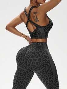 Slayform 1 Set Women Leopard Print Twist V-Neck Tank Top And Leggings Yoga Workout Running Sports Suit - Black - View 2