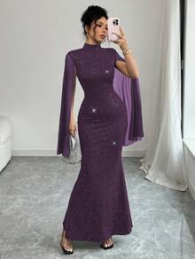 Rafferiza 女士高领亮片网纱开衩披肩式长袖收腰鱼尾下摆连衣裙长裙套装 - 紫色 - 查看 1