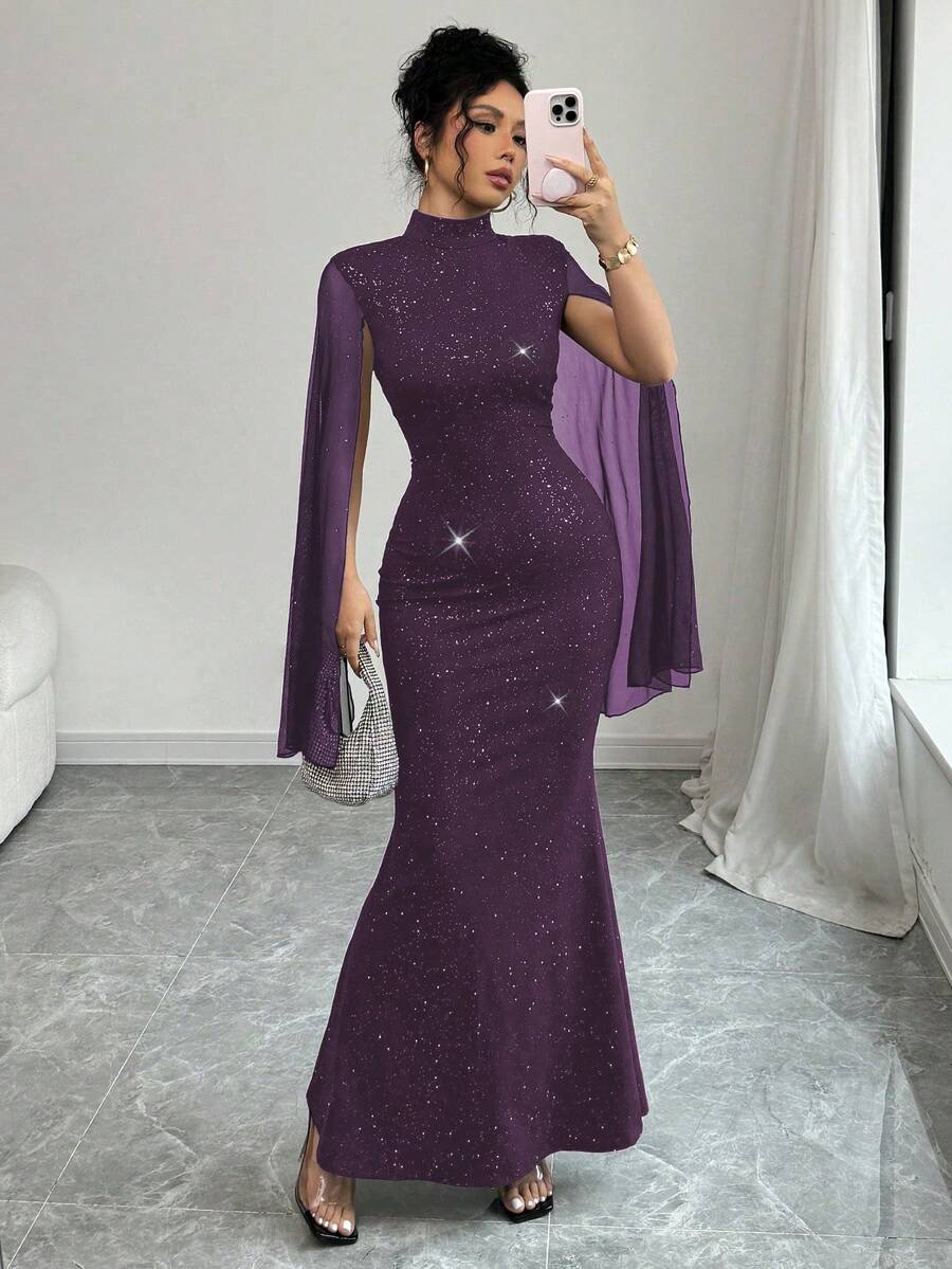 Rafferiza 女士高领亮片网纱开衩披肩式长袖收腰鱼尾下摆连衣裙长裙套装 - 紫色 - 查看 1