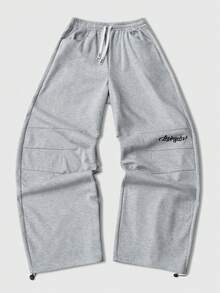 ROMWE MEN Prep Men's Casual Daily Letter Pattern Drawstring Waist Curved Hem Sweatpants, Suitable For Everyday Wear - Grey - View 7