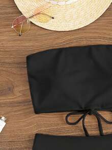 Swim Vcay 夏季沙灘純色無肩帶高腰比基尼 - 黑色 - 查看 4