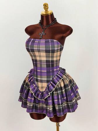 Amplova Women's Plaid Strapless Dress, Sexy & Avant-Garde A-Line Pleated Plaid Skirt, Sexy & Avant-Garde Purple