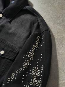 ROMWE MEN Street Life Men's Rhinestone Embellished Single-Breasted Casual Denim Jacket - Black - View 5