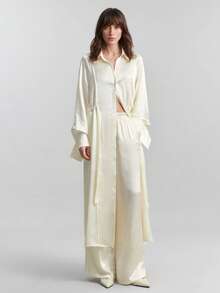 Ontre 2026 Spring/Summer New Women's Trousers, Women's Apricot Satin Textured Side Slit Long Sleeve Shirt, Minimalist Fashion Casual For Daily, Bohemian Style, Vacation, Festivals, Spring Wedding - Beige - View 2