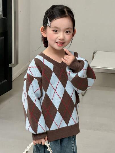 DAZY Girls Vintage V-Neck Argyle Patchwork Pullover Sweater Top, Young Girl Fall Fashion