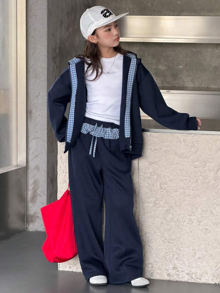 Tween Girl Knit Patchwork Plaid Hooded Fleece Sweatshirt + Pants Set