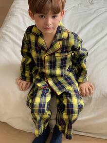 Dazy Kids 男童格子长袖单排扣上衣和裤子睡衣套装 - 黃色 - 查看 2