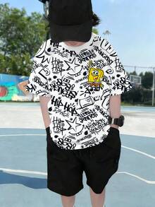 SpongeBob SquarePants | SHEIN Tween Boy Graphic Letter & Cartoon Print Round Neck Short Sleeve T-Shirt