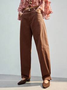 Maija Brown Wide-Leg Jeans, American Retro Casual Pants, Loose-Fitting Washed Cotton Curved Pants,Winter Banana Pants - Brown - View 5