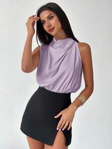 Firerie 女士优雅时尚新款通勤办公日常度假音乐节不对称褶皱杏色衬衫，春夏款 - 紫羅蘭色 - 查看 3