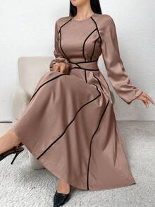 Modelyn 束腰蝴蝶结撞色滚边休闲时尚通勤派对连衣裙长款晚礼服 - 粉色 - 查看 1