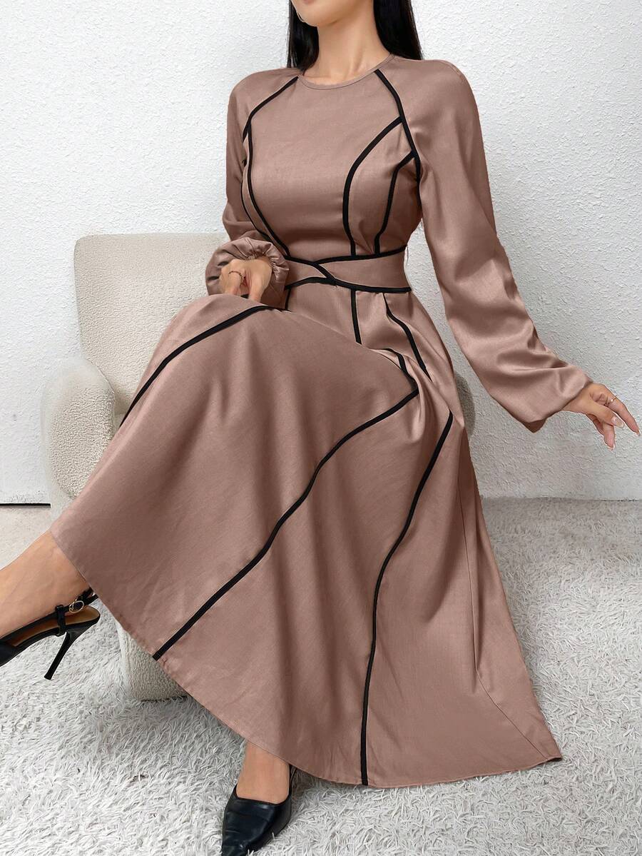 Modelyn 束腰蝴蝶结撞色滚边休闲时尚通勤派对连衣裙长款晚礼服 - 粉色 - 查看 1