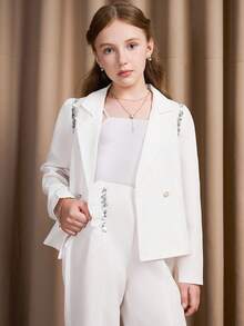 SHEIN Girls' Elegant White Suit Set With Handmade Crystal Decor, Suitable For Daily Wear And Commuting - White - View 6