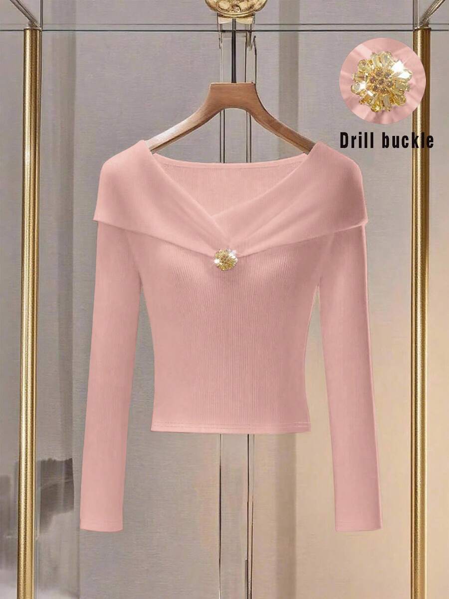 SHEIN LUNE 女士淡粉色罗纹针织V领长袖休闲常规T恤半透明上衣 - 藕粉色 - 查看 1