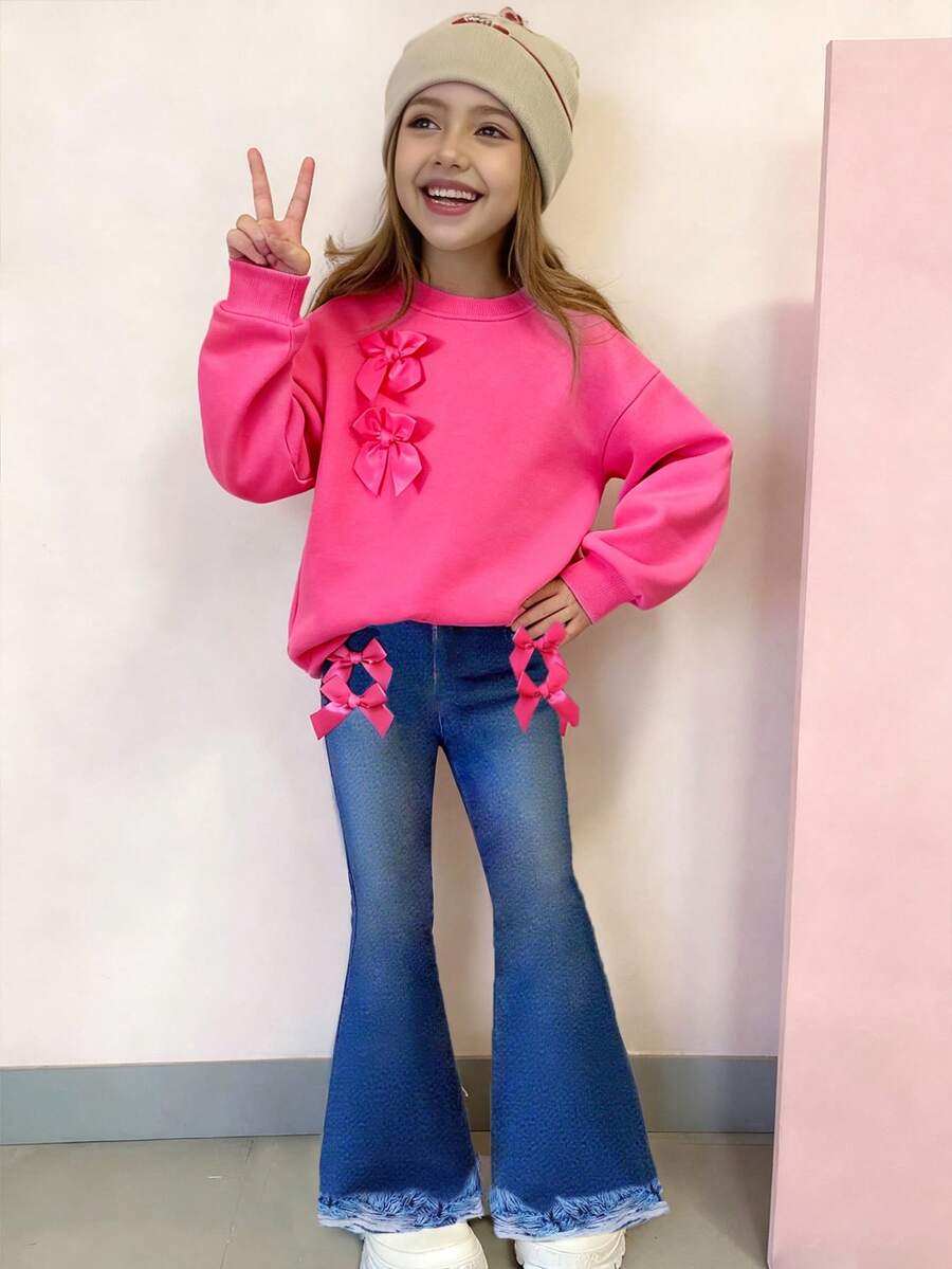 Girls' Hot Pink Bow Sweatshirt & Digital Print Denim Effect Flared Pants 2-Piece Set,Cute Back-To-School Autumn School Outfit For Tween Girls - Multicolor - View 1