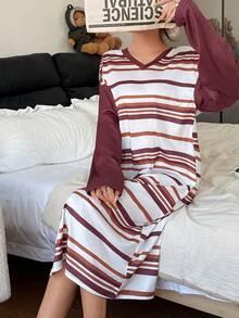 Dream Adore Chemise de nuit ample à manches longues avec encolure en V, rayures décontractées, épaules tombantes pour femmes. Robe de nuit d'hiver, Moo Moo