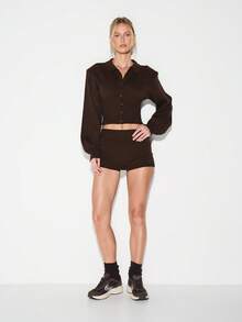 KIZN Ribbed Knit Button Up Cropped Cardigan With Collared Neckline Long Sleeve Cinched Waist Fall Winter Cozy Knitted Top - Brown - View 3