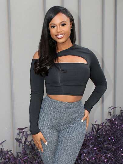 Steph T Women's Sexy Asymmetrical Sloped Shoulder Front Hollow Design T-Shirt New Years Club Holiday Party Outfits Women Fall Cloth For Women