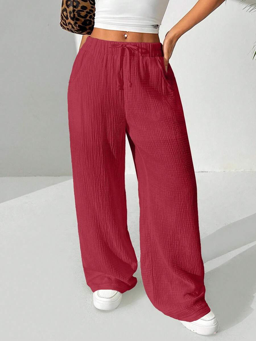 Quần vải cotton rộng rãi màu trơn thắt nút dành cho nữ - Màu Hồng Tươi - Xem 1