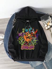 SCOOBY-DOO X SHEIN 大码女式卡通字母印花落肩宽松抽绳卫衣，适合春、秋、冬三季穿着。 - 黑色 - 查看 3