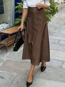 Pariaura 女士棕色皮革拉链A字裙，适合万圣节派对、婚礼宾客等场合，优雅百搭，冬季外出穿着，适合秋冬季节、圣诞节等各种场合，时尚优雅，休闲百搭，棕色裙子，圣诞节适用，万圣节女装裙 - 鏽棕色 - 查看 3