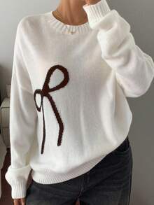DAZY Cream-White Bow Knitted Sweater For Women, Loose Vintage Style, Autumn/Winter - Coffee Brown - View 6