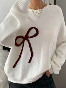 DAZY Cream-White Bow Knitted Sweater For Women, Loose Vintage Style, Autumn/Winter - Coffee Brown - View 7
