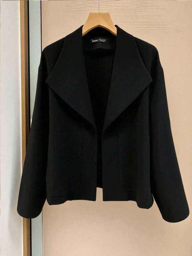 Franclia 女士休闲短款夹克，独特设计，复古风格，翻领，解扣，轻便通勤休闲风衣黑色开衫黑色夹克女士黑色夹克女士黑色西装外套正装夹克 - 黑色 - 查看 3