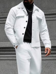Manfinity CasualCool Men's Casual Solid Color White Autumn Suit Set,Commuter Jacket And Pants Outfit,Holiday Tuxedo For Daily Leisure,Outdoor Activities & Semi-Formal - White - View 1