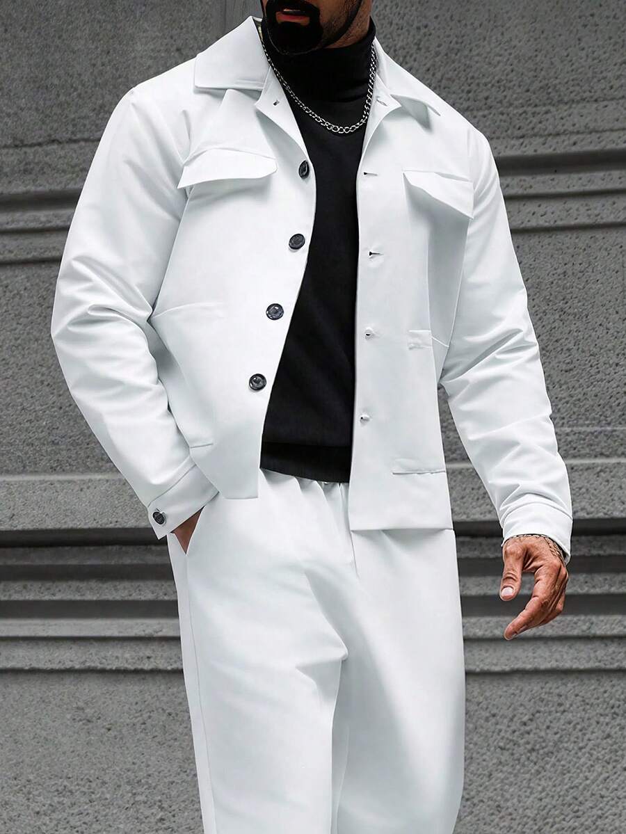 Manfinity CasualCool Men's Casual Solid Color White Autumn Suit Set,Commuter Jacket And Pants Outfit,Holiday Tuxedo For Daily Leisure,Outdoor Activities & Semi-Formal - White - View 1