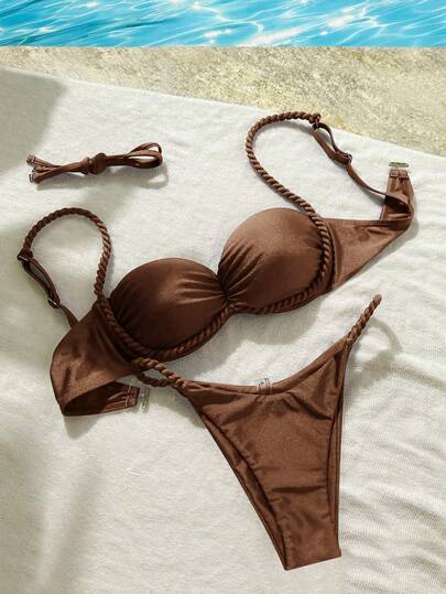 Swim Mod 2pcs/Set Summer Vacation Solid Color Spaghetti Strap Twist Rope Decor Underwire Bra And Bikini Swimsuit Set, Sexy Women Bikini Set Push Up Brown Bathing Suit Women Brown Set Women Sexy Bikini Set Braided Detail Brown Bikini Set