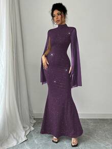 Rafferiza 女士高领亮片网纱开衩披肩式长袖收腰鱼尾下摆连衣裙长裙套装 - 紫色 - 查看 7