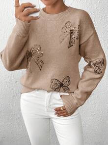 SHEIN LUNE Crew Neck Pullover Autumn/Winter Top, Pink Butterfly Beaded Embroidery Sweater - Camel - View 5
