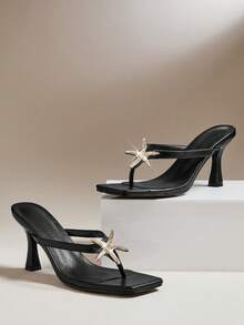 SHUZIA Giày sandal đế xuồng thoải mái, tối giản, có trang trí kim loại dành cho nữ - màu đen - Xem 6