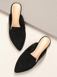 Pointed Toe Open Heel Flat Slide Mules - Black - View 2
