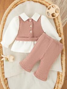 SHEIN Bộ 2 món/Bộ trang phục thường ngày cho bé gái sơ sinh, áo cổ bẻ nhiều màu và quần len rộng rãi - Bụi hồng - Xem 2