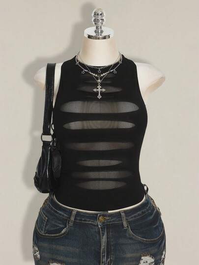 SHEIN ICON Top de camisola sexy y transparente con efecto desgastado para tallas grandes en estilo Y2K