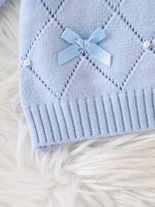 Young Girl Diamond Beaded Bow Decor Knitted Cardigan And Pleated Knit Skirt Set, Suitable For School, Outing Or Holiday Gathering - Blue - View 6