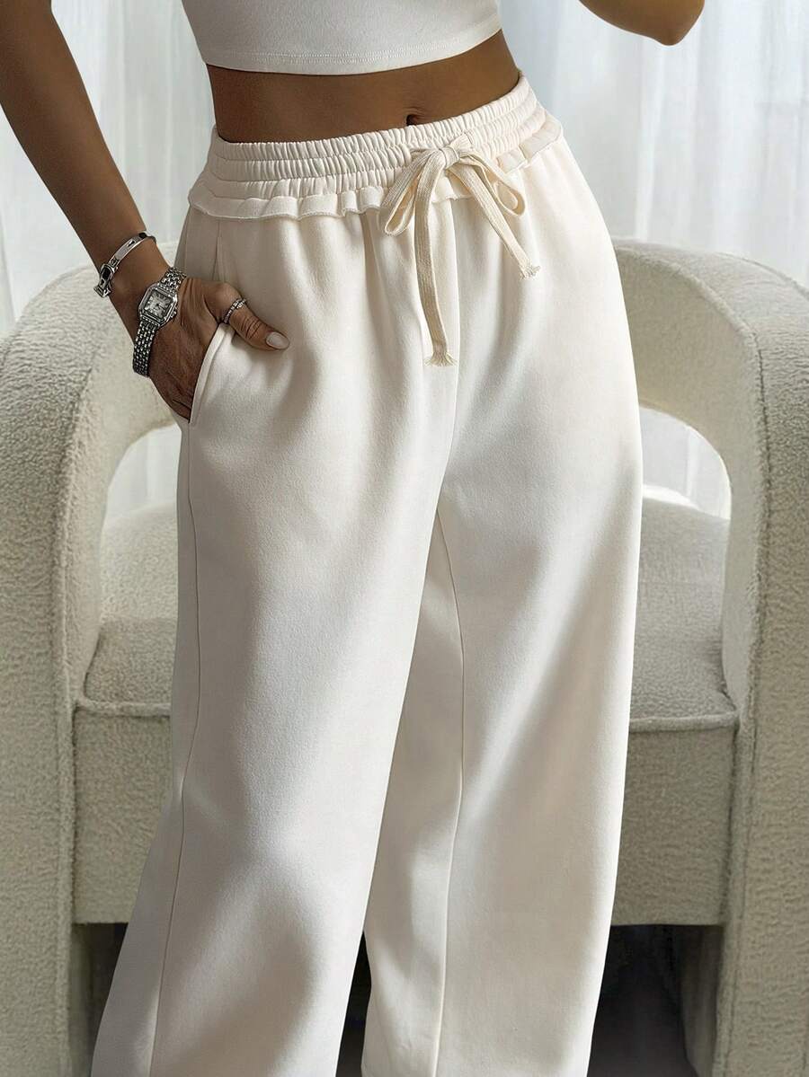 DAZY 女士休闲宽松荷叶边运动裤，秋冬款 - 白色 - 查看 1