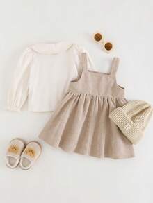 Cozy Pixies 2pcs Baby Girl Cartoon Bear Pattern Collared Long Sleeve Cardigan Shirt & Bib Overall Dress Set - Khaki - View 2