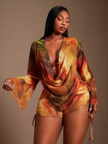 Radiana Plus Size Women's Rust Orange Marble Tie-Dye Mesh 3Pcs Set,Summer,Elegant,Vacation,Wedding Ninang,Holiday Beach Bikini Cover Up Shorts Outfit Fall - Multicolor - View 14