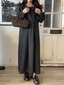 FRIFUL Women's Casual Ruffle Hem Front Tie Denim Dress, Autumn